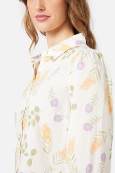 Australian floral bottle brush printed button down women’s shirt. Long sleeve style with pointed collar, made of cotton for a springtime cottage vibe- button up front with sweet pointed collar - relaxed fit through body - full length sleeve with button cuff - made of smooth cotton - available in cream Product Code: PGFY015 Relaxed Fit Floral Print Button-up Blouse, Casual Spring Blouse With Plant Print, Summer Floral Print Blouse With Spread Collar, Floral Print Spread Collar Blouse For Summer, Collared Shirt With Floral Print In Patterned Color, Patterned Collared Shirt With Floral Print, Collared Floral Print Patterned Shirt, Collared Shirt With Floral Print In Patterned Design, Feminine Ditsy Floral Print Blouse For Garden Party