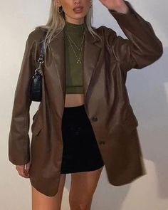 Aesthetic Shopping, Shopping Aesthetic, Cafe Aesthetic, Tops Trendy, Aesthetic Bags, Looks Street Style, Collar Jacket, Leather Shirt, Brown Jacket