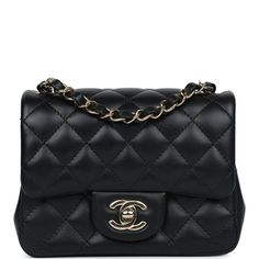 This Chanel Classic Mini Square flap bag is in black lambskin leather with light gold tone hardware and has a front flap with signature CC turnlock closure, tonal stitching, rear half moon pocket and single interwoven black leather and light gold tone chain link shoulder/crossbody strap.The interior is lined in black leather and features a zipper pocket with Chanel pull and an open pocket below.Collection: REV (RFID)Origin: ItalyCondition: New and never worn (plastic on hardware)Accompanied by: Chanel box, Chanel dustbag, carebook, ribbon, RFIDMeasurements: 6.5" width x 5" depth x 3" height; 20" strap drop Chanel Box, Mini Classic, Hermes Birkin 25, Chanel Mini, Hermes Birkin 30, Birkin 25, Classic Mini, Flap Bag, Lambskin Leather