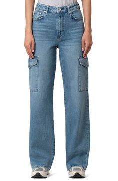 Cargo-style pockets bring a utility-inspired twist to high-waist jeans cut from sturdy nonstretch denim in a lightly faded wash. 30" inseam; 21 1/2" leg opening; 11 1/2" front rise; 14 1/2" back rise (size Medium) Five-pocket style; cargo flap-patch pockets 100% cotton Machine wash, dry flat Made in Turkey High Rise Light Wash Cargo Jeans For Fall, Fall Light Wash Utility Jeans, Light Wash Utility Cargo Jeans With Hip Pockets, Utility Style Medium Wash Jeans With Patch Pockets, Light Wash Utility Flare Jeans, Utility Jeans With Patch Pockets In Medium Wash, Light Wash Utility Cargo Jeans For Fall, Utility Jeans In Medium Wash With Belt Loops, Utility Cargo Jeans With Belt Loops In Medium Wash