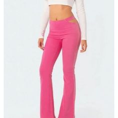 Edikted Women Leg Pants New With Tags Hip Cut Out Flare Legs Stretch Color: Pink Size Small 45% Cotton 45% Polyester 10% Spandex Measurements As Shown In Pictures Sku W201 Cheap High Stretch Pink Bottoms, Black Flared Jeans, Red Leather Pants, Brown Flares, Black Flare Pants, Red Flare, High Waisted Flare Jeans, Flare Yoga Pants, Black Flare