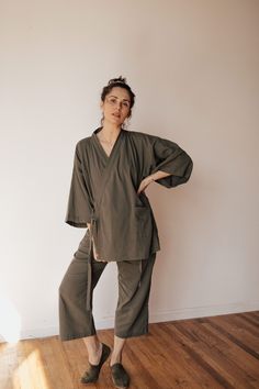 Featuring the perfect marriage of Japanese tailoring with the time-honored fabrications of historic, Turkey, the Oddbird Loungewear collection found its origins in the ‘Sile two-piece set’. Since its launch in 2017, we have perfected this Oddbird staple and are excited to offer it year after year in a classic Olive Green. Our 2-piece Loungewear set features a top and bottom ensemble, complete with mid-rise, tailored Capri pants, finished with french-seams, and a reinforced crotch to go from bed- Kimono Loungewear, Intentional Wardrobe, Two Piece Loungewear, Character Clothing, Perfect Marriage, French Seam, Loungewear Set, Outdoor Wear, Wide Sleeves