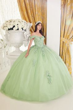 Look no further than this exquisite Lace Off The Shoulder Layered Tulle Ball Gown by Cinderella Divine to make your next event memorable. It features a unique lace off-the-shoulder neckline, layered tulle skirt, and figure-flattering bodice for an unforgettable look. Green Lace Ball Gown For Wedding, Green Lace Wedding Ball Gown, Green Lace Gown For Quinceanera, Floor-length Tulle Quinceanera Dress For Gala, Elegant Quinceanera Dress With Sweep Train For Gala, Green Ball Gown Quinceanera Dress For Wedding, Green Lace Ball Gown For Prom, Green Lace Ball Gown With Fitted Bodice, Floor-length Evening Dress With Lace Bodice For Quinceanera