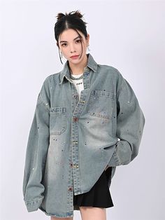 Show off your unique style with this Paint Splatter Oversized Denim Jacket. Perfect for any casual occasion, this fun and creative jacket is sure to bring out your inner fashionista. Crafted with a lightweight and comfortable fit, you'll have no problem flaunting it over any top, or even wearing it alone. The oversized cut makes it easy to pair with shorts or skirts, while the paint splatters add just the right amount of pizzazz. Don't hesitate to add this denim jacket to your wardrobe today!
Ge Oversized Acid Wash Denim Jacket For Spring, Trendy Denim Blue Top For Streetwear, Y2k Denim Jacket For Fall Streetwear, Spring Grunge Cotton Denim Jacket, Oversized Acid Wash Denim Jacket, Oversized Acid Wash Denim Jacket With Long Sleeves, Casual Spring Tops With Paint Splatter, Casual Paint Splatter Top For Spring, Grunge Denim Jacket With Relaxed Fit