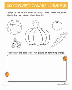 an orange and white coloring page with pumpkins, carrots, and other items