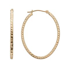 Add shining elegance to any outfit with these 14k gold oval hoop earrings. Diamond-cut oval design offers a sophisticated look. Gold construction promises lasting brilliance. Click-it backings ensure a secure fit. Details:  1 1/4-in. length Pierced 14k gold  Size: One Size. Color: Yellow. Gender: female. Age Group: adult. Gold Diamond Cut Oval Hoop Earrings, Gold Oval Diamond Cut Hoop Earrings, Oval Gold Hoop Earrings With Diamond Cut, 14k Gold Oval Earrings With Diamond Cut, Elegant Oval Hoop Earrings For Everyday, Elegant 14k Gold Oval Hoop Earrings, Oval 14k Gold Diamond Cut Earrings, Oval Diamond Cut 14k Gold Earrings, Fine Jewelry Oval Hoop Earrings With Polished Finish