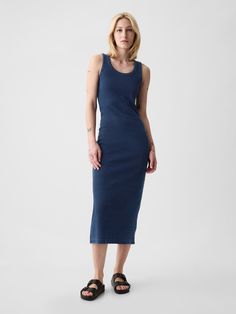 Soft, stretch ribbed knit midi tank dress.  Round neck.  Sleeveless.  * Fit: Stretch-to-Fit.  A body con silhouette that hugs the body.  Hits below the knee.  Models wearing Gap Knitted Dress Outfit, Navy Knit Dress, Lady Parts, Midi Tank Dress, Gap Dress, Weekend Outfit, Knit Midi, Tank Dress, Spring Summer Fashion