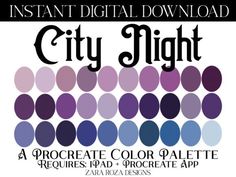 an advertisement for the city night, with circles in purple and blue on white background