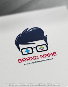 a man with glasses and the name brand name on it is shown in this logo design