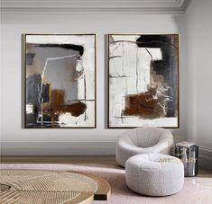 two paintings hang on the wall above a chair and ottoman in a living room with pink carpet