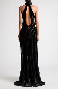 TOM FORD Halter Neck Stretch Tulle & Velvet Gown | Nordstrom Evening Gowns Gold, Velvet Halter Dress, Velvet Evening Gown, Designer Clothing Brands, Halter Gown, Velvet Gown, Fall 24, Neck Stretches, Black Evening Dresses