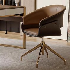 a brown office chair sitting on top of a wooden desk