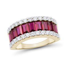 Fiery lab-created rubies and sparkling lab-created diamonds combine with spellbinding results in this dramatic ring. 10K gold 5.0 x 3.0mm channel-set baguette-cut lab-created rubies shimmer as they stack side by side along the centre Certified lab-created diamonds line the top and bottom border I colour/SI2 clarity; includes certification card 0.69 ct. t.w. of lab-created diamonds Tapered shank for comfortable wear Red Lab, Peoples Jewellers, Channel Set, Baguette Cut, Diamond Band, Ruby Ring, Lab Created Diamonds, Side By Side, 10k Gold