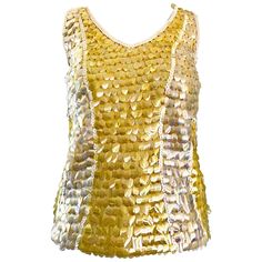 Chic vintage 1960s yellow, white and clear paillettes and sequin encrusted sleeveless lamb's wool sweater top! Features hundreds of hand-sewn sequins and paillettes throughout. Super soft luxurious lamb's wool, and fully lined in rayon. Full metal zipper up the back with hook-and-eye closure. Can easily be dressed up or down. Great with jeans, shorts, trousers or a skirt. In great condition. Made in British Hong Kong Approximately Size Medium Measurements: (has some stretch) 34-36 inch bust 32-3 British Hong Kong, Jersey Vintage, Full Metal, Chic Vintage, Vintage 1960s, Wool Sweater, Vintage Chic, Fashion Tops, Wool Sweaters