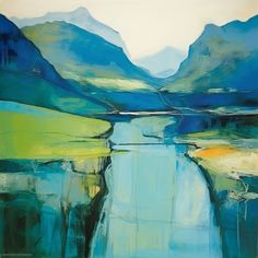 an abstract painting with mountains and water in the background