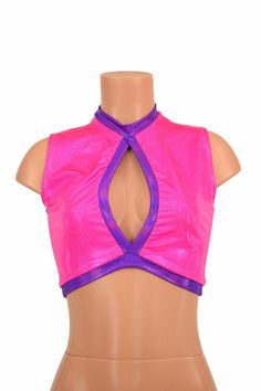 "This item is made to order, please read all the way through the listing before purchasing! This crop top is made from four way stretch spandex in uv glow pink sparkly jewel fabric Grape Holographic fabric accents around the middle opening, neckline, and hemline. It features a keyhole design in front, with a high back, and fits like a glove! TOP LENGTH: Underarm to hemline measures 8\" Womens Sizing (See below for instructions on where measurements should be taken) XXS: Bust 29\"-30\" / Waist 22 Glove Top, Holographic Shirt, Holographic Fabric, Purple Holographic, Pink Sparkly, Olive Branch, Skater Dress, Womens Clothing Tops, Blouse Designs