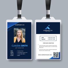 two id cards with black and blue accents