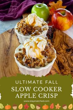 two bowls filled with apple crisp on top of a wooden cutting board