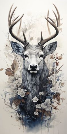 a painting of a deer with antlers and flowers