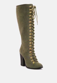 sleet-slay antique olive heeled calf boot_olive Luxury Lace-up Boots With Removable Insole, Girls Bed, Luxury Boots, Halloween 2023, Antique Inspiration, Antique Metal, Eyelet Lace, Calf Boots, Party Shoes