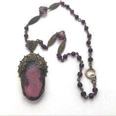 Victorian Necklace Features *Large* Deep Purple Faceted Oval Glass Cabochon Encased In Dark Filigree Metal. Appears To Be A Neiger Brothers Piece. Textured Elongated Metal Beads And More Small Round Purple Glass Beads Accent The Chain. Roll Over Clasp Possibly Replaces. Truly Vintage Chain Is 18" Pendant 3" X 1 1/4" Not J. Crew ! Idv Oc, Victorian Necklace, Vintage Chain, Victorian Vintage, Purple Glass, Metal Beads, Deep Purple, Vintage Necklace, Womens Jewelry Necklace