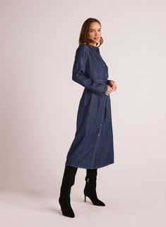 Expertly crafted for both style and comfort, our Western Yoke Midi Dress in Dark Denim is a must-have for any fashion-forward wardrobe. The elegant western yoke design paired with the classic denim wash creates a timeless and versatile piece that can be dressed up or down. Elevate your fashion game with this essential midi dress. 54% TENCEL™ lyocell 24% Linen 22% Viscose SIZE CHEST SHOULDER TO HEM XS 36" 45 7/8" S 38" 47" M 40" 48 1/8" L 42" 49 1/4" Elegant Denim Dress With Button Closure For Work, Elegant Long Sleeve Denim Dress With Button Closure, Elegant Denim Jacket For Fall, Elegant Denim Dress With Button Closure For Fall, Fitted Elegant Denim Jacket, Elegant Fitted Denim Jacket, Elegant Denim Dress With Button Closure, Classic Denim Dress With Button Closure, Elegant Denim Blue Fall Dress