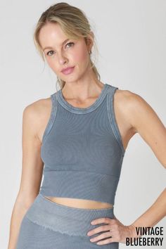 Vintage Ribbed High Neck Crop Top-Tanks-Krush Kandy Blue Ribbed Athleisure Tops, Ribbed Sleeveless Top With Medium Support, Ribbed Stretch Tops For Yoga, Blue Ribbed Sporty Tops, Sporty Blue Top With Ribbed Neckline, Fitted Ribbed Top For Workout, Fitted Ribbed Athleisure Tops, Blue Ribbed Sporty Crop Top, Spring Ribbed Athleisure Top