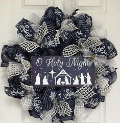 Disney Wreath, Silent Night Holy Night, Deco Mesh Christmas Wreaths, Christmas Mesh Wreaths, Blue Wreath, O Holy Night, Xmas Wreaths, Bright Christmas, Religious Christmas