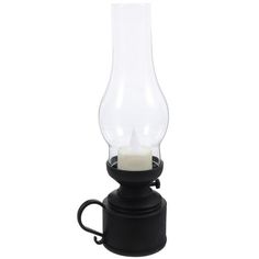 a black candle holder with a white candle in it