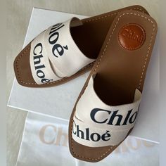 Chloe Slides - Open Toe, Slips On, Linen Upper. Size 38 Eur, Size 8 Us, White Color. Mint Condition, No Stains. Comes With Shoe Bags And Original Box. Chloe Flats, Chloe Sandals, Chloe Brown, Ankle Strap Sandals Heels, Chloe Shoes, Bold Logo, Caged Sandals, Shoe Bags, Leather Sandals Flat