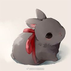 a gray rabbit with a red ribbon around its neck sitting on the ground in front of a white background