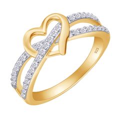 a gold ring with two hearts and diamonds