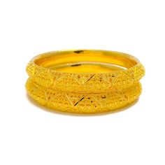 This pair of bangles is crafted from 22k gold, weighing a substantial 57.1 grams, and features a stunning yellow gold finish. Each bangle is sized at 2.8 inches with a 2.5-inch diameter, showcasing bold striped detailing that offers a look of extravagance and striking elegance. These bangles are not openable, which enhances their sleek and seamless silhouette. Ideal for those seeking to make a powerful fashion statement, this pair adds a touch of opulence and style to any ensemble, perfect for s Gold Plated Bangle For Festivals, Yellow Gold-plated Bangle Jewelry, Yellow Gold-plated Bangle Bracelet, Traditional Yellow Bangle Bracelet, Festive Yellow Bangle Bracelet, Traditional Yellow Gold-plated Bangle, Traditional Yellow Gold Plated Bangle, Yellow Gold Bangle For Festivals, 22k Gold Round Bangle For Formal Occasions