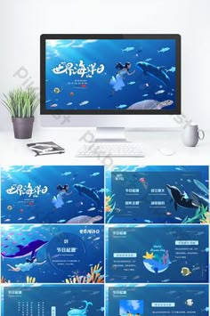 a computer screen with an image of dolphins and fish in the ocean on it's display