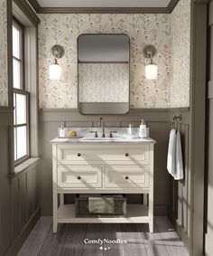 a bathroom with two sinks and a large mirror above the sink is shown in this image