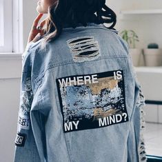 “Where is My Mind?” Denim jacket - $39.99 Denim Jacket Patches, Where Is My Mind, 90s Outfit, Distressed Denim Jacket, Denim Details, Ripped Denim, Jacket Design