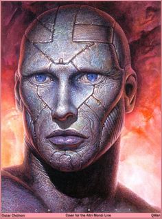 a drawing of a man with blue eyes and his face painted like a human head