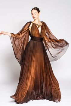 Her Trove - Beaded neckline fully pleated dress Fae Dress Aesthetic, Dorne Inspired Dresses, Sun Princess Dress, Autumn Court Aesthetic Dress, Brown Medieval Dress, Brown Dress Design, Miku Mermaid, Autumn Court Dress, Dorne Dress