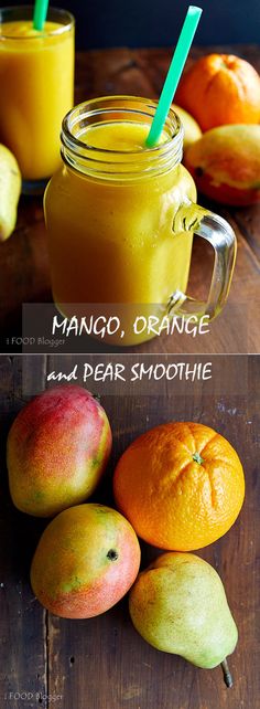 mango, orange and pear smoothie in mason jars on a wooden table with fresh fruit