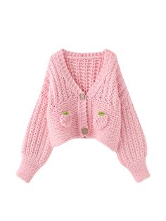 Stay warm and stylish this winter with our Shira Strawberry Knit Cardigan in Pink! This chunky knit cardigan features adorable strawberry pocket details and a relaxed, cropped fit. Stand out with the large button closure and easily layer it over your outfits for a cozy and cute look. Part of our Good Girl Things Winter Collection. Details: Shira Strawberry Knit Cardigan in Pink Color: Pink with strawberry pocket details Chunky knit for warmth and style Cropped length with a relaxed fit Large but Cute Chunky Knit Sweater For Spring, Cute Oversized Chunky Knit Sweater, Pink Chunky Knit Cropped Sweater For Fall, Cute Chunky Knit Sweater For Fall, Cute Knitted Spring Outerwear, Cute Knit Winter Outerwear, Cute Winter Knit Outerwear, Trendy Pink Cable Knit Outerwear, Cute Winter Knitted Outerwear