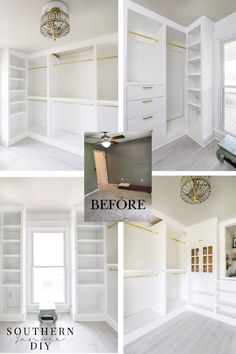 before and after photos of white built in bookcases