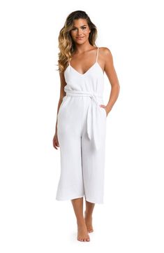 Model is wearing a solid white colored  Wide Leg Jumpsuit Cover Up Jumpsuit Coverup, Crepe Jumpsuit, Swimsuit Material, Cotton Jumpsuit, Cropped Jumpsuit, Style Looks, White Jumpsuit, Wide Legs, Travel Companion