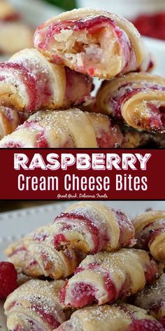 raspberry cream cheese bites are stacked on top of each other and ready to be eaten