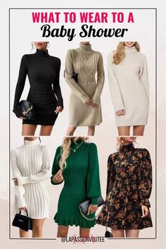 Wondering what to wear to a baby shower as a guest? Look no further for inspiration! Turtleneck dresses to wear to a baby shower cute and casual | for guest | outfit ideas | spring outfit | spring guest Baby Shower Winter Outfit Guest, What To Wear To A Baby Shower As A Guest, Baby Shower Outfit For Guest Winter, What To Wear To A Baby Shower Guest, Winter Baby Shower Outfit For Guest, Bridal Shower Guest Outfit Winter, Casual Baby Shower Outfit For Guest, Baby Shower Winter Outfit, Casual Baby Shower Outfit