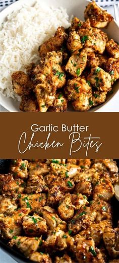 garlic butter chicken bites in a skillet with rice