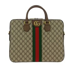 This Is An Authentic Gucci Gg Supreme Monogram Textured Calfskin Web Medium Ophidia Briefcase In Beige, Ebony, And New Acero. This Briefcase Is Finely Crafted With Gucci Gg Monogram Coated Canvas With A Web Stripe Detail Down The Center. The Shoulder Bag Features Brown Leather Trim, Top Handles, An Optional Adjustable Shoulder Strap, And Aged Gold Hardware. The Top Opens To A Beige Fabric Interior With A Patch Pocket. Length: 14.25 In Height: 11.25 In Width: 6.5 In Drop: 5.25 In Drop: 16.5 In De Designer Briefcase With Detachable Strap, Designer Briefcase With Gold-tone Hardware, Designer Briefcase With Gold-tone Hardware For Daily Use, Designer Brown Briefcase With Gold-tone Hardware, Designer Beige Briefcase For Travel, Briefcase Women, Gg Monogram, Winter Vibes, Trim Top