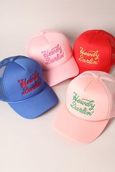 This Howdy Darlin' Embroidered Cap is an essential addition to your wardrobe. The classic trucker style features an embroidered design with a mesh back for maximum breathability. Perfect for any casual day out, this cap adds a touch of charm to any outfit. Spring Mesh Cap, Embroidered Summer Trucker Hat With Curved Bill, Spring Mesh Snapback Hat With Curved Bill, Mesh Hats For Spring Streetwear, Casual Mesh Baseball Cap For Spring, Casual Pink Mesh Baseball Cap, Trendy Summer Trucker Hat With Embroidered Logo, Trendy Embroidered Trucker Hat For Summer, Spring Mesh Trucker Hat With Curved Brim