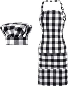 a black and white checkered apron with a chef's hat on the side