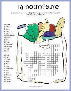 a crossword puzzle with words and pictures on it, including vegetables in a bag