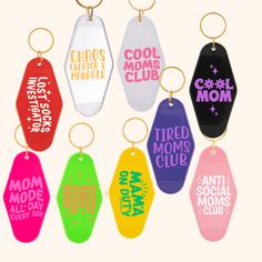 Nine mom phrases of your choice. These retro style motel keychains make the cutest gifts for a new driver, friends, family, and or bridesmaids!Each keychain is made with permanent vinyl. Choose a design, vinyl color and keychain color.HOW TO ORDER1. Choose design2. Choose vinyl color (write in customization box)3. Choose keychain color(write in customization box) *Keychain color 1-is clear with multicolor specs, 2-clear, 3-white* * If no color choices noted you will receive same color choices as Lost Socks, Knitted Wire, Graduation Cap Toppers, Faceless Portrait, New Driver, Wall Rug, Magnetic Bookmarks, Wedding Topper, Moms Club